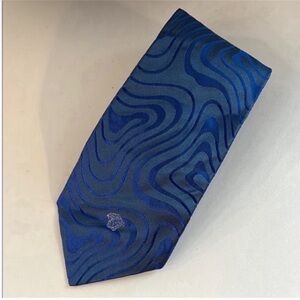 Versace Abstract Swirl Blue Silk Tie with Embroidered Medusa Logo